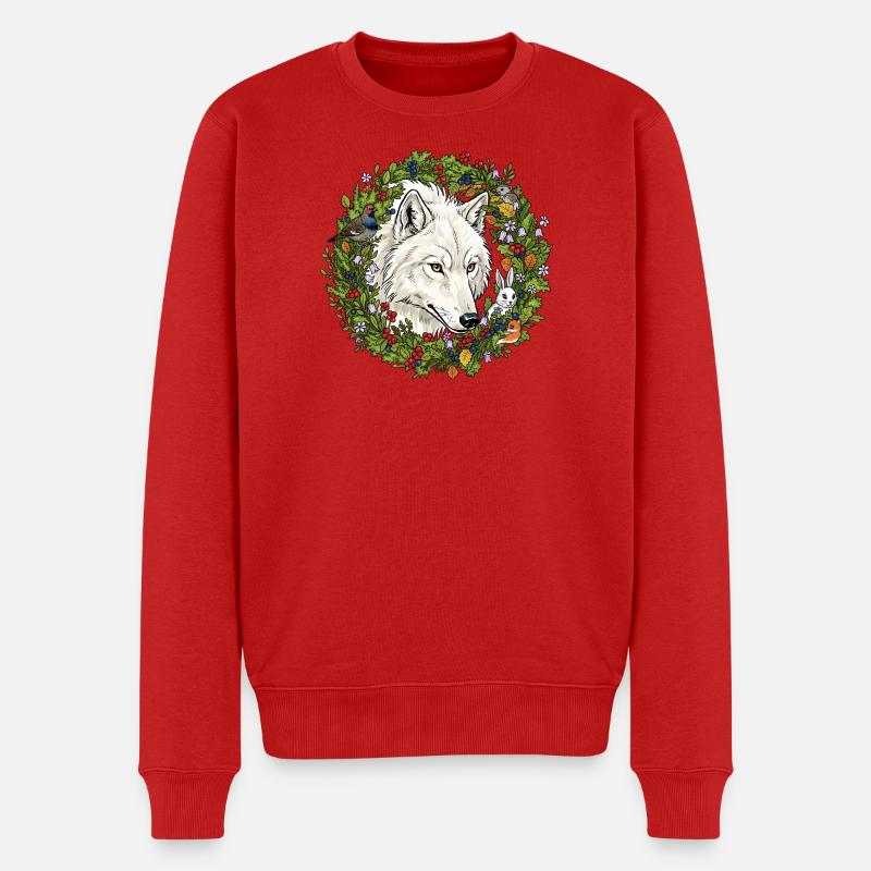 Weißer Waldwolf im Blumenkranz - Männer Premium Bio Pullover - Rot