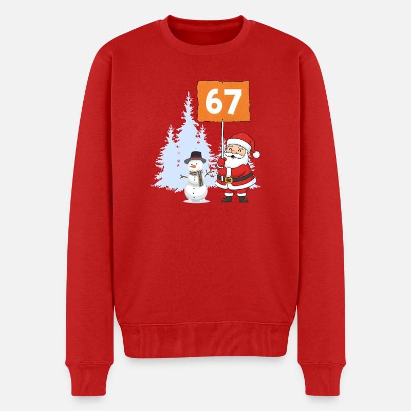 Santa und Schneemann mit 67 Schild - Männer Premium Bio Pullover - Rot