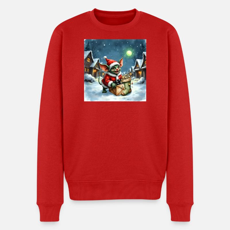 Weihnachtself schiebt verschneites Geschenk - Männer Premium Bio Pullover - Rot