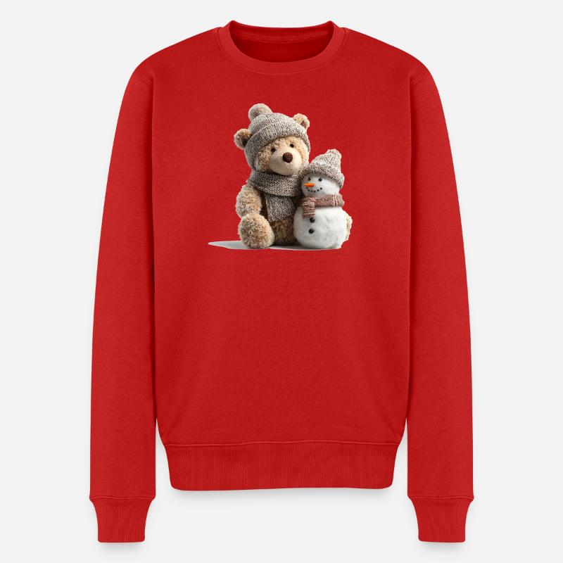 Winter Kuschelbär mit einem Schneemann - Männer Premium Bio Pullover - Rot