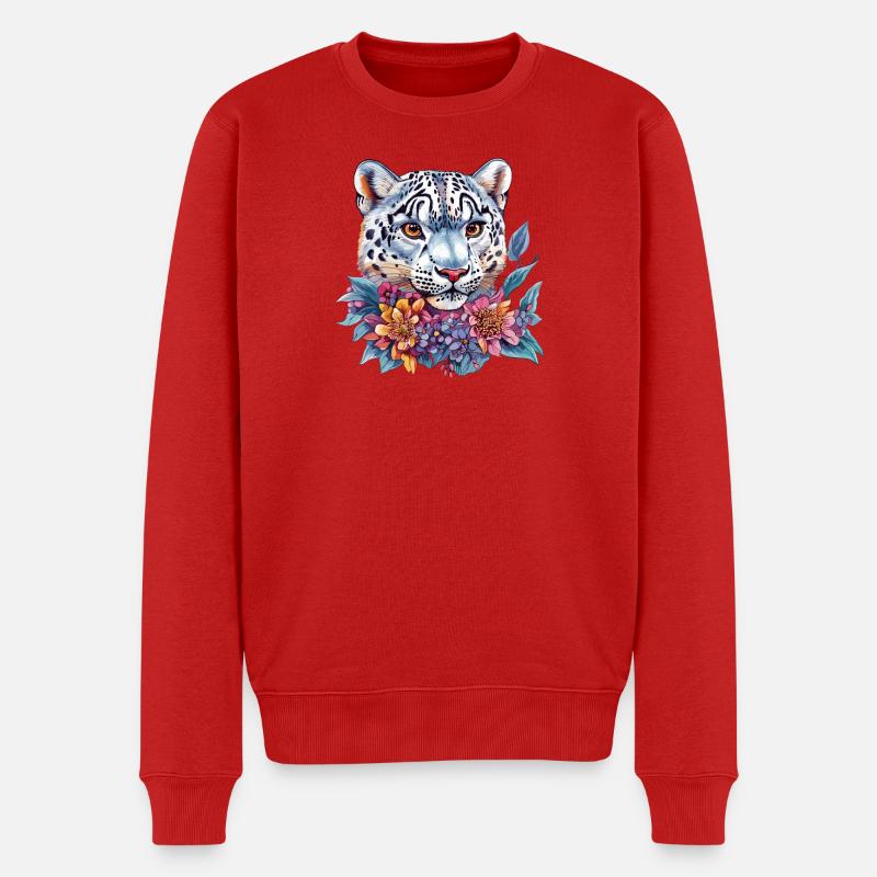 Leopardenkopf mit Blumenkranz - Männer Premium Bio Pullover - Rot