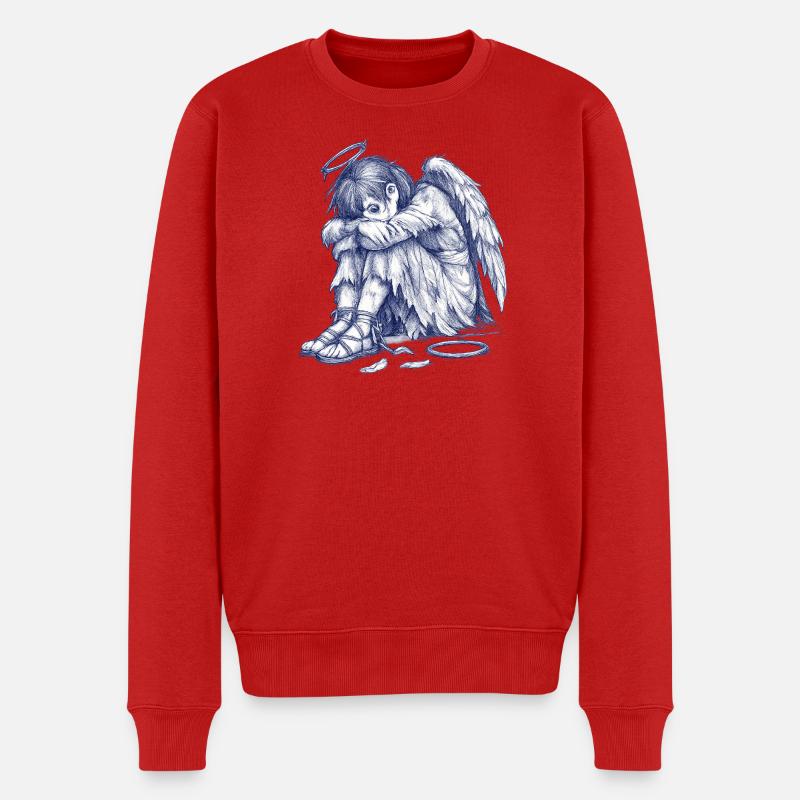 Trauriger Engel  | Handgemalte Zeichnung  - Männer Premium Bio Pullover - Rot