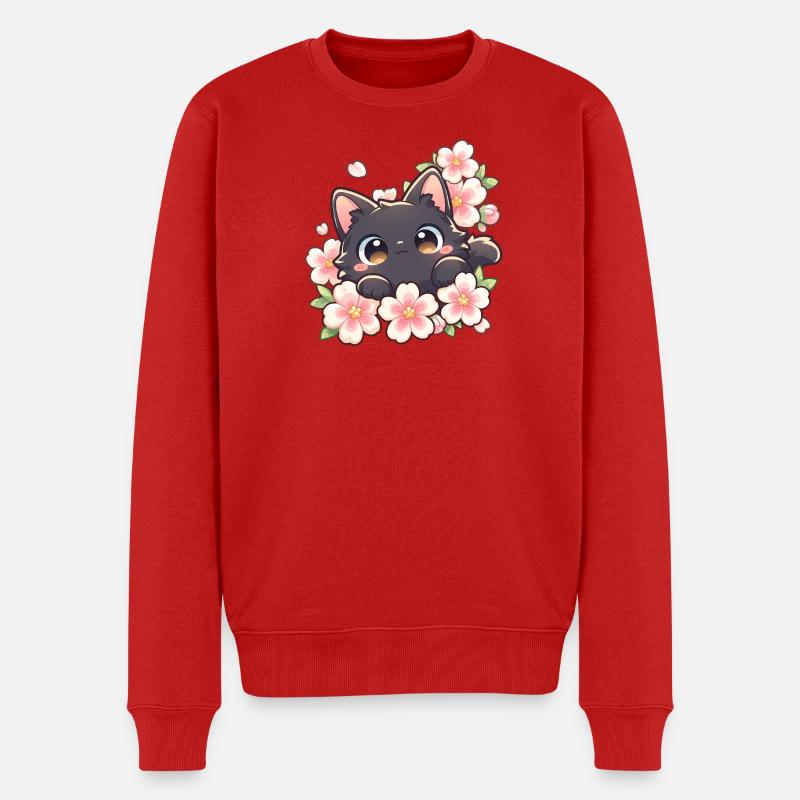 Süße schwarze Katze & Kirschblüten – Kawaii Sakura - Männer Premium Bio Pullover - Rot