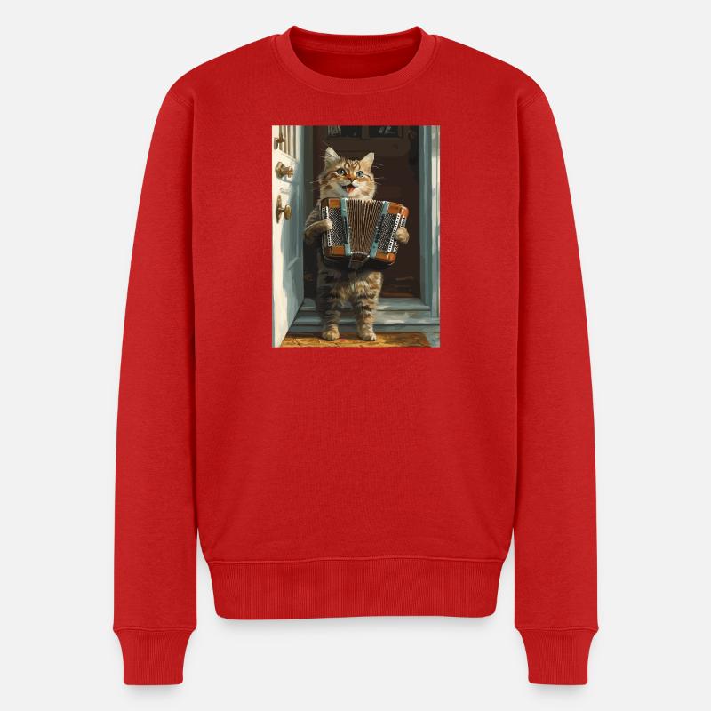 Katze mit Akkordeon - Männer Premium Bio Pullover - Rot