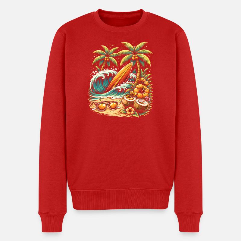 Surfbrett am Strand Illustration - Männer Premium Bio Pullover - Rot