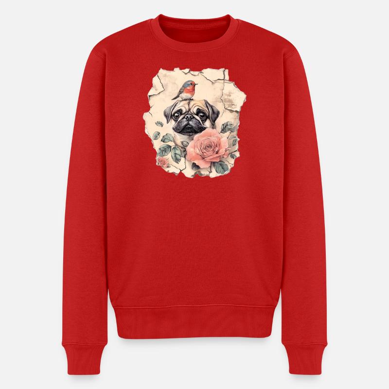 Mops mit Rotkehlchen - Männer Premium Bio Pullover - Rot