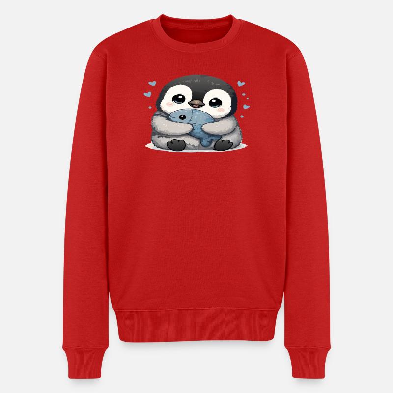Kuschelpinguin mit Fisch - Männer Premium Bio Pullover - Rot
