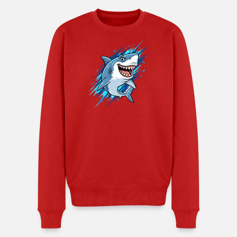 Blauer Cartoonhai mit Spritzern - Männer Premium Bio Pullover - Rot
