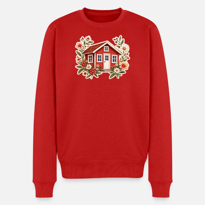 Rotes Schwedenhaus mit Blumen im Tinyhaus Stil  - Männer Premium Bio Pullover - Rot