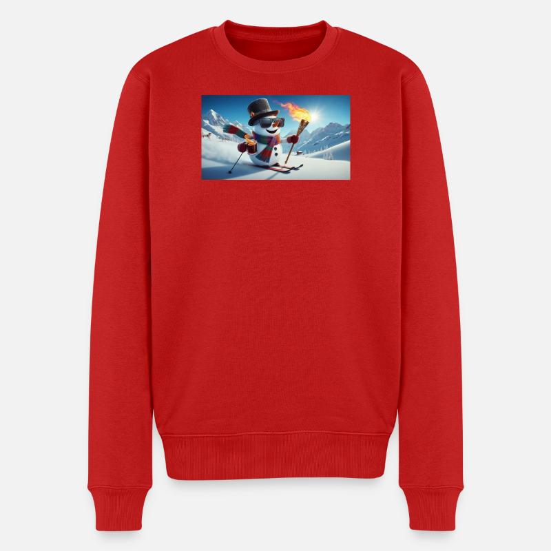 Schneemann Skifahrer mit Feuerfackel - Männer Premium Bio Pullover - Rot
