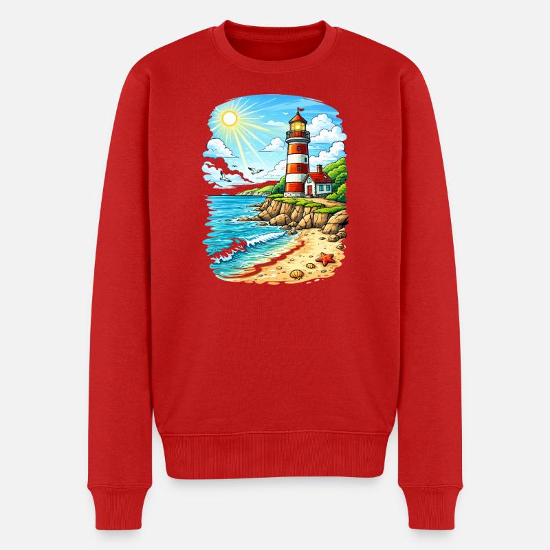 Leuchtturm am sonnigen Küstenstrand - Männer Premium Bio Pullover - Rot
