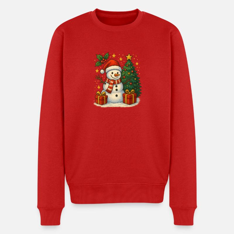 Weihnachtsschneemann mit Baum und Geschenken - Männer Premium Bio Pullover - Rot
