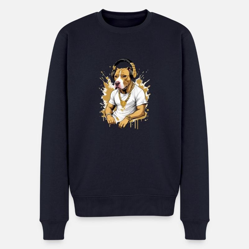 Chien bouledogue avec écouteurs - Pull Premium bio Homme - bleu marine