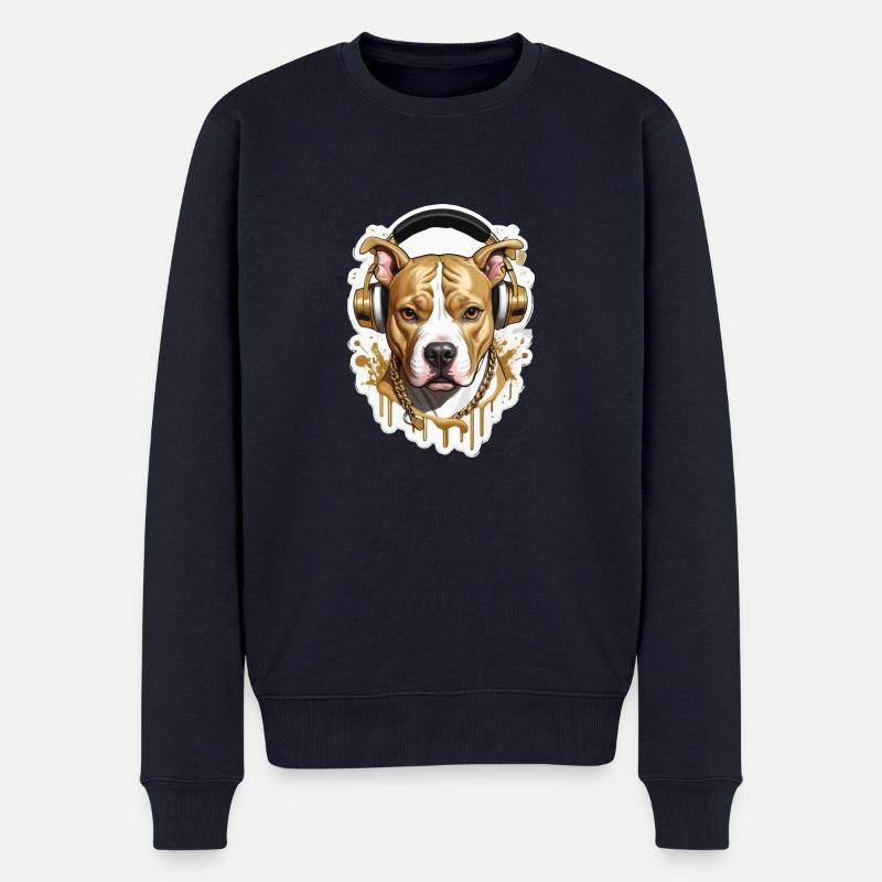 Chien bouledogue avec écouteurs - Pull Premium bio Homme - bleu marine