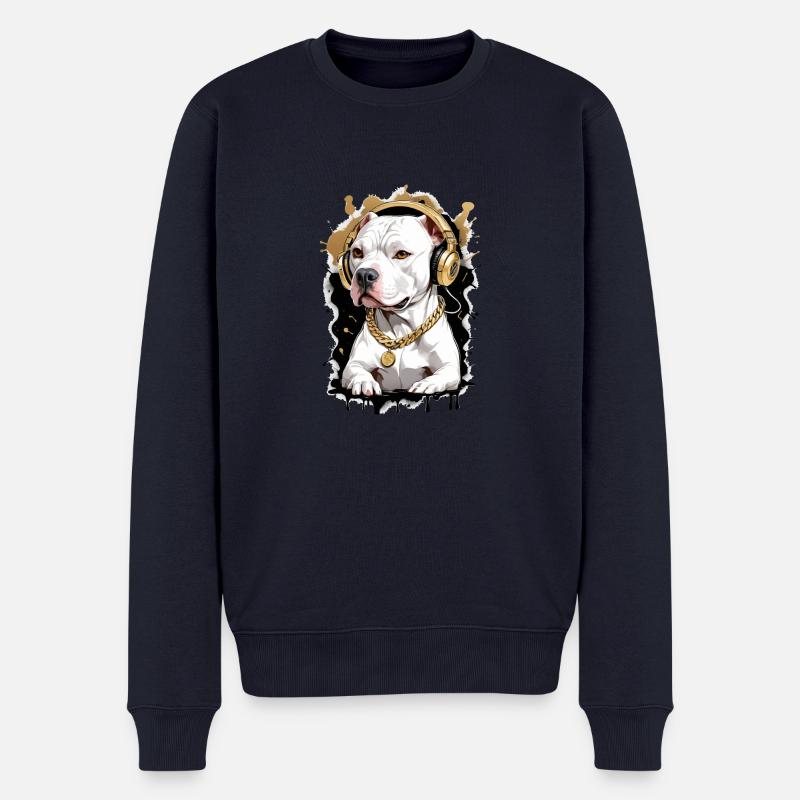 Chien bouledogue avec écouteurs - Pull Premium bio Homme - bleu marine