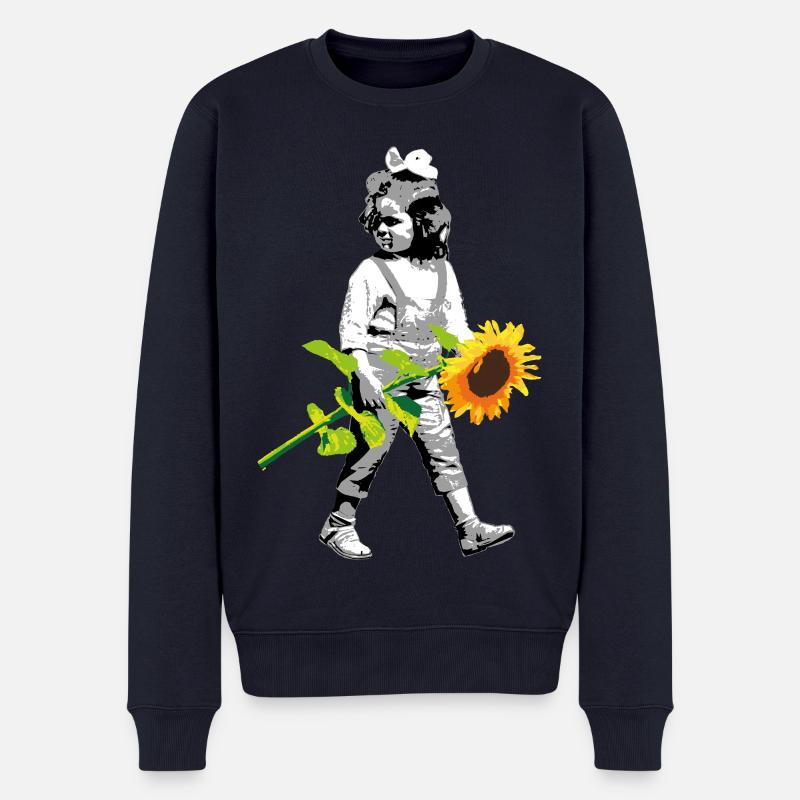 Blumenkind | Mädchen mit Sonnenblume - Männer Premium Bio Pullover - Navy