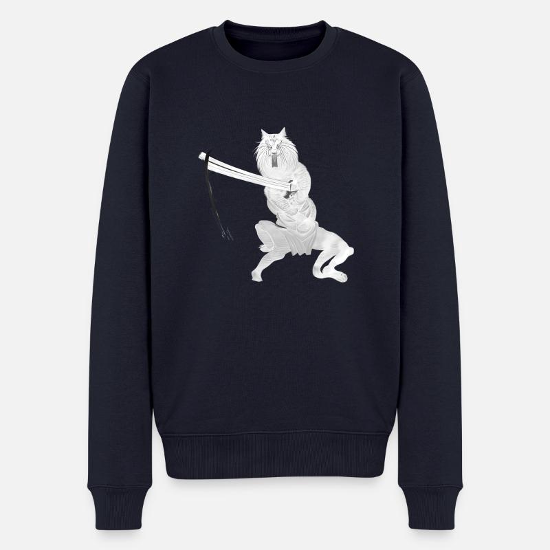 Chat Samouraï Blanc - Pull Premium bio Homme - bleu marine