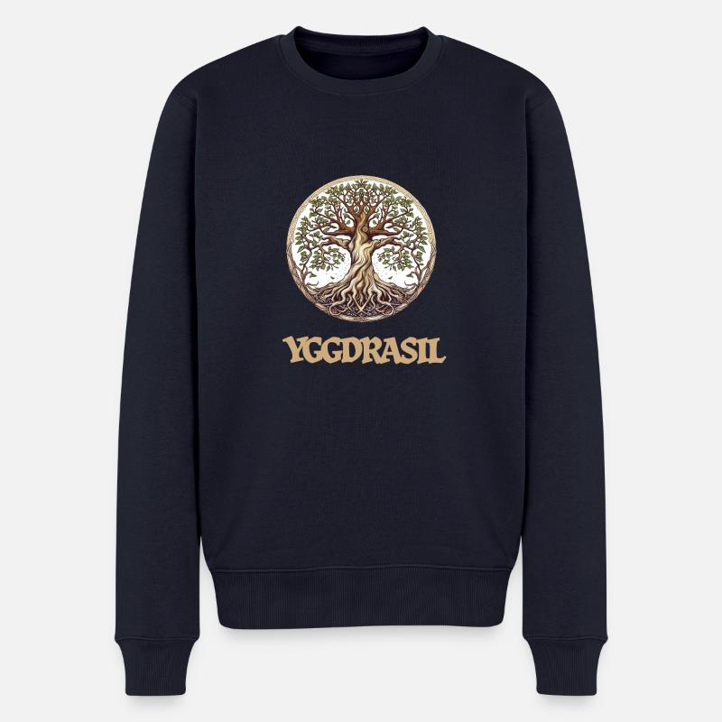 Die große Esche Yggdrasil, Weltenbaum mit Schrift - Männer Premium Bio Pullover - Navy