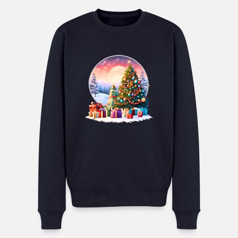 Schöner Weihnachtsbaum vor dem Hintergrund der untergehenden Sonne - Männer Premium Bio Pullover - Navy