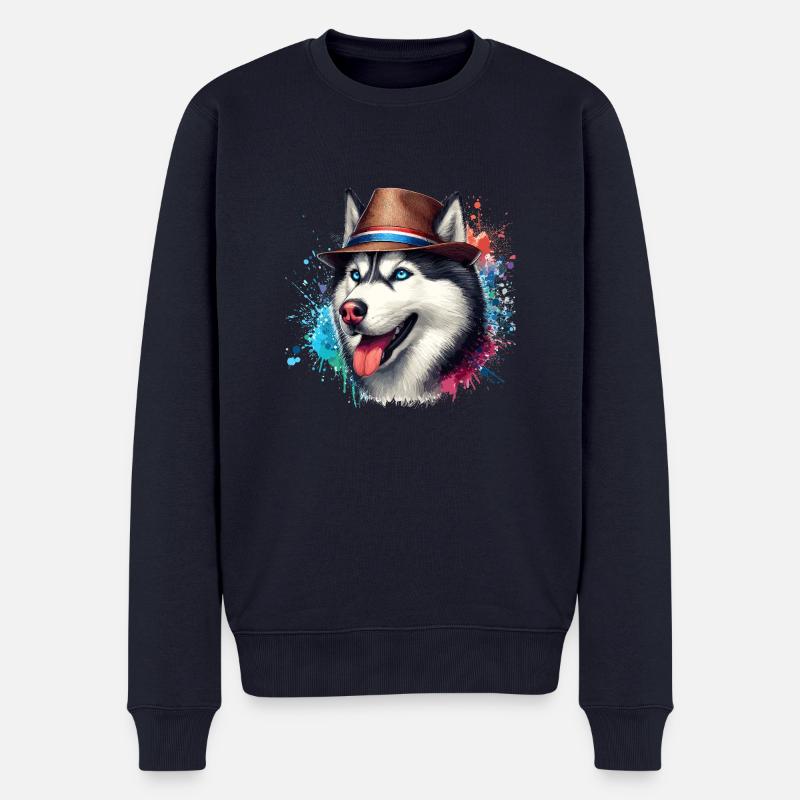 Husky-Kopf mit Hut - Männer Premium Bio Pullover - Navy