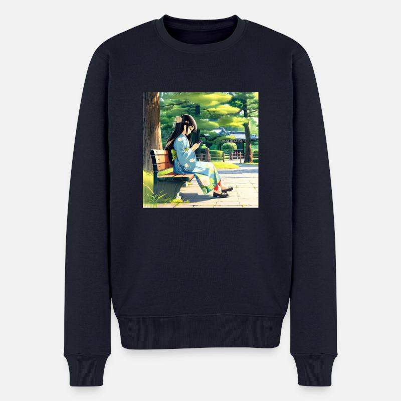 N-dless Nights: Anime-Mädchen im Kimono mit Handy - Männer Premium Bio Pullover - Navy