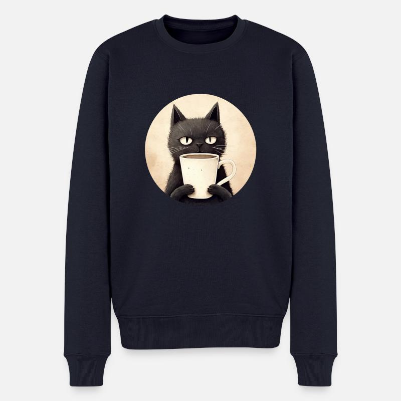 Chat avec du café - Pull Premium bio Homme - bleu marine