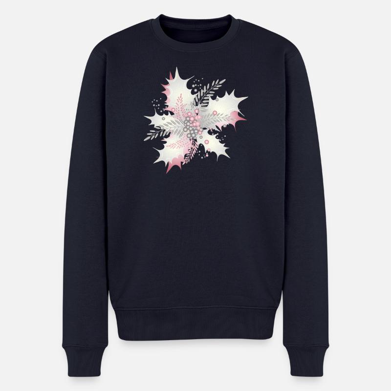 Stechpalmenzweig in weiß,silber und Altrosa - Männer Premium Bio Pullover - Navy