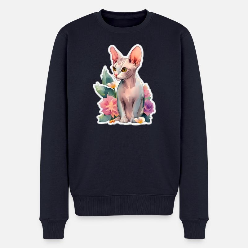Chat Sphynx - Pull Premium bio Homme - bleu marine