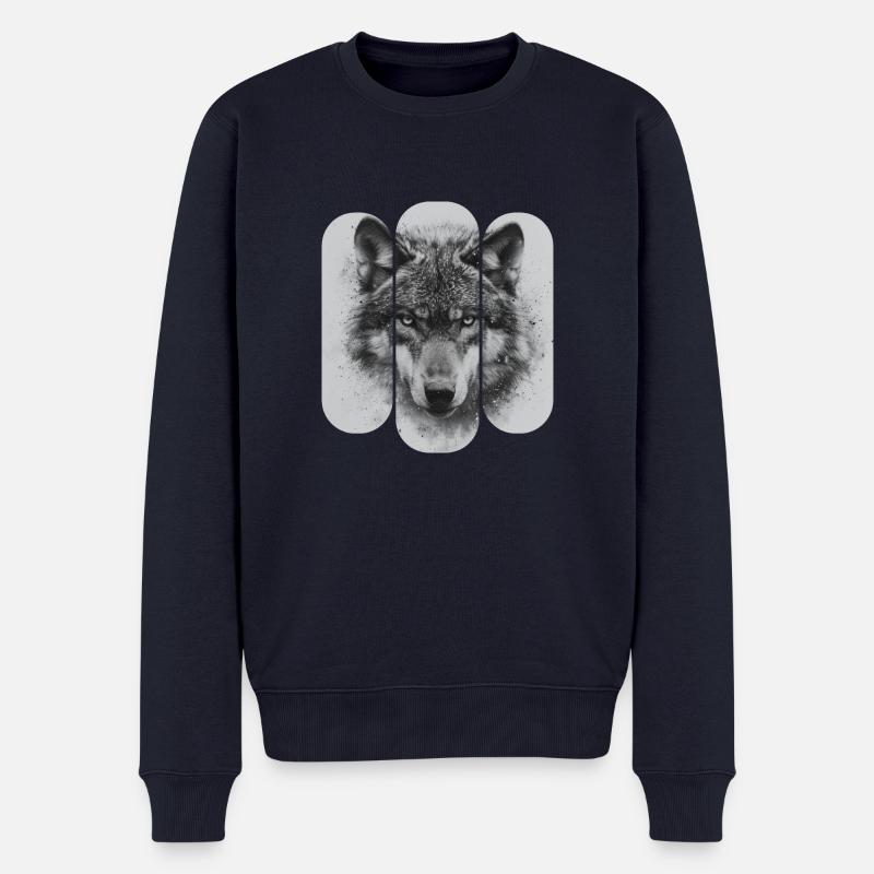 Triptychon Schwarz-Weißer Wolf - Männer Premium Bio Pullover - Navy