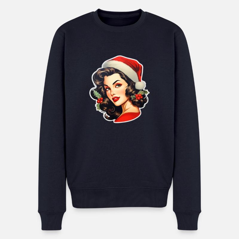 Frau mit Weihnachtsmütze - Männer Premium Bio Pullover - Navy