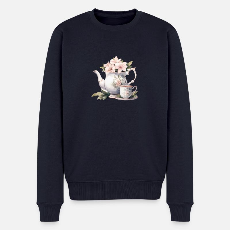 Teekanne mit Blumen - Männer Premium Bio Pullover - Navy