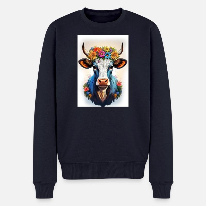 Vache avec couronne de fleurs - Pull Premium bio Homme - bleu marine