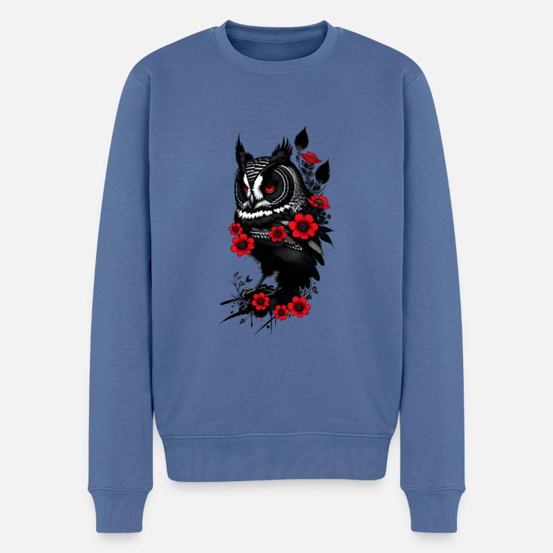 Eule mit roten Blumen - Männer Premium Bio Pullover - Taubenblau