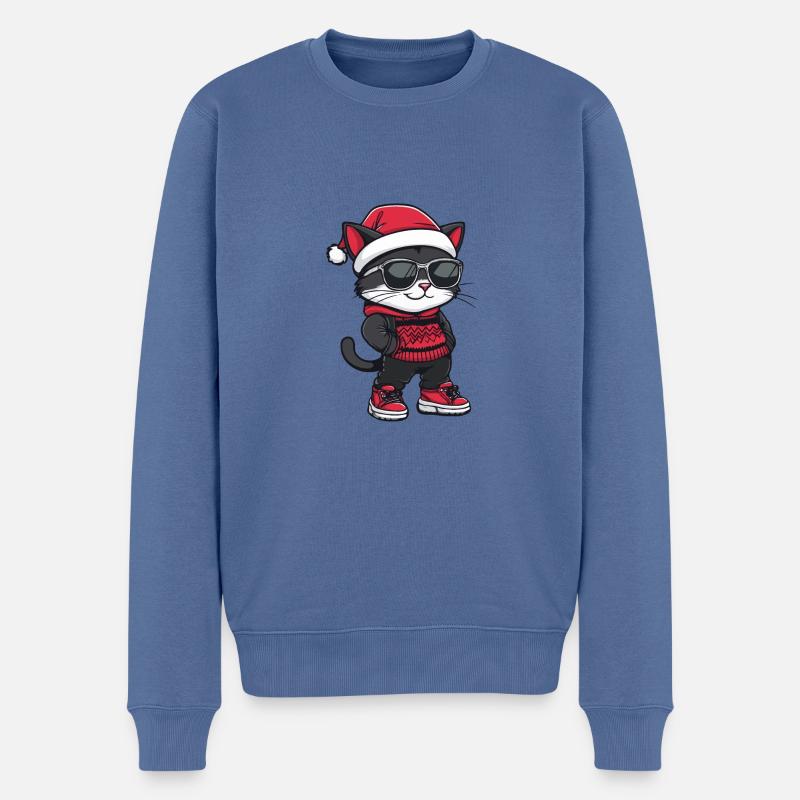 Chat Noël Cool Noël - Pull Premium bio Homme - bleu pigeon