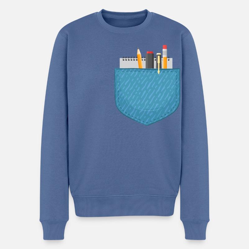 Tasche gefüllt mit Notizbuch, Stift und Bleistiften - Männer Premium Bio Pullover - Taubenblau