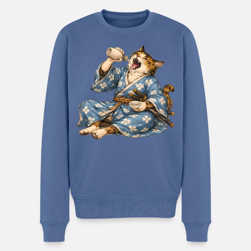 Samurai-Katzen-Sake im japanischen Ukiyo-e-Stil - Männer Premium Bio Pullover - Taubenblau