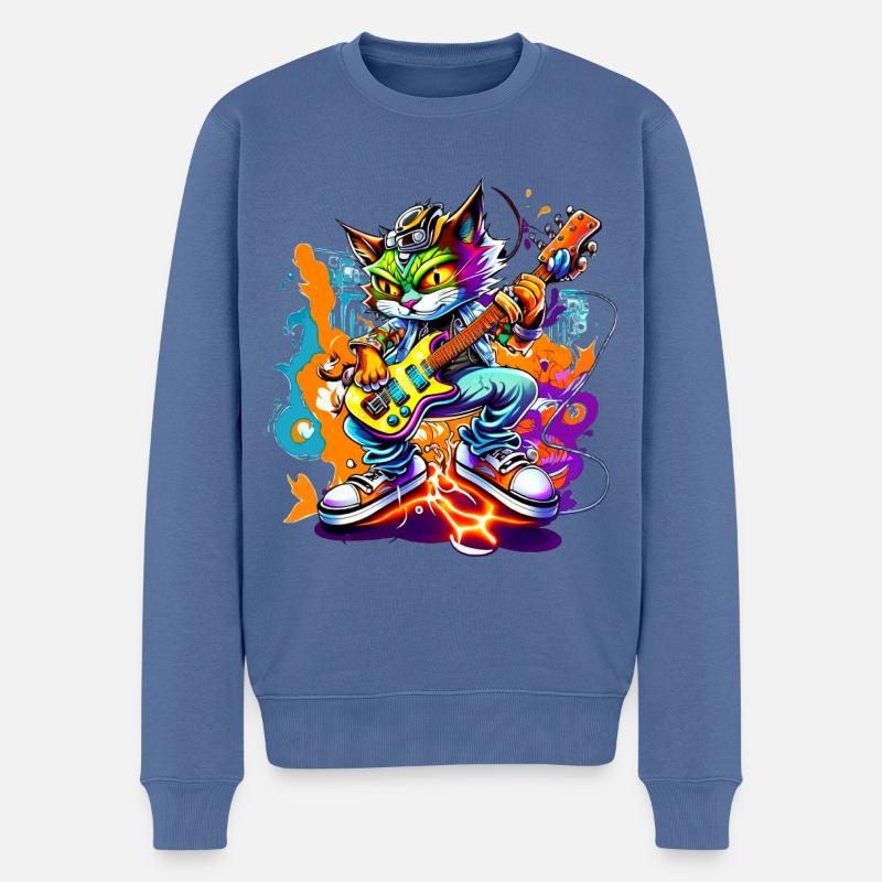Chat de dessin animé à la mode avec guitare - Pull Premium bio Homme - bleu pigeon
