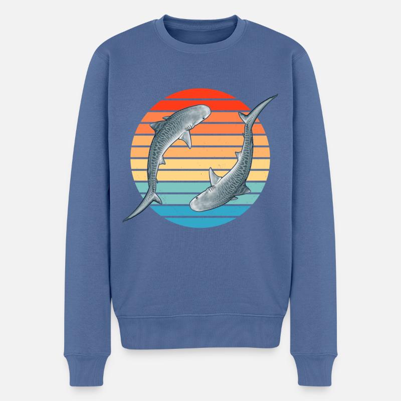 Tigerhai Retro Sonnenuntergang - Männer Premium Bio Pullover - Taubenblau