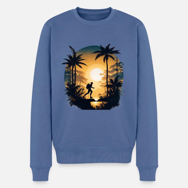 Abenteuerlust- Wanderer unter Palmen - Männer Premium Bio Pullover - Taubenblau