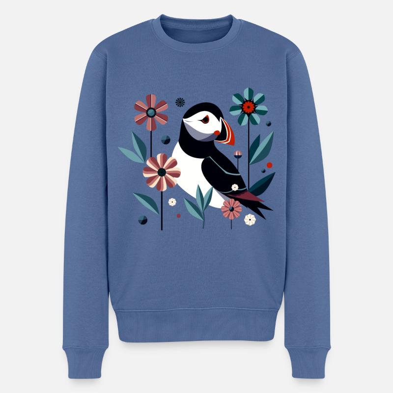Papageitaucher mit Blumen - Männer Premium Bio Pullover - Taubenblau