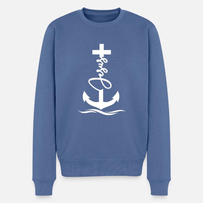 Jesus-Anker white Special - Männer Premium Bio Pullover - Taubenblau