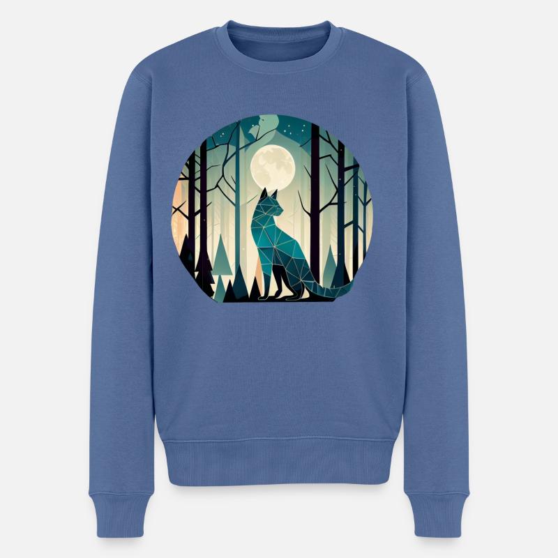 Geometrische Katze im Wald mit Vollmond - Männer Premium Bio Pullover - Taubenblau