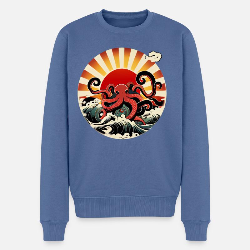 Japanische Kunst, Oktopus im Meer mit Wellen Comic - Männer Premium Bio Pullover - Taubenblau