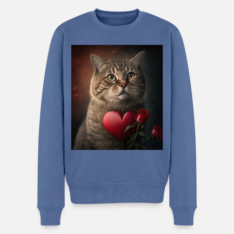 Saint-Valentin Cat Heart Rose - Pull Premium bio Homme - bleu pigeon