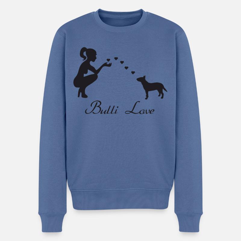 Bullterrier mit Frau - Männer Premium Bio Pullover - Taubenblau