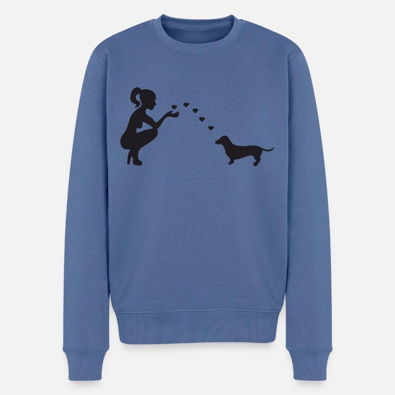 Dackel mit Frau - Männer Premium Bio Pullover - Taubenblau