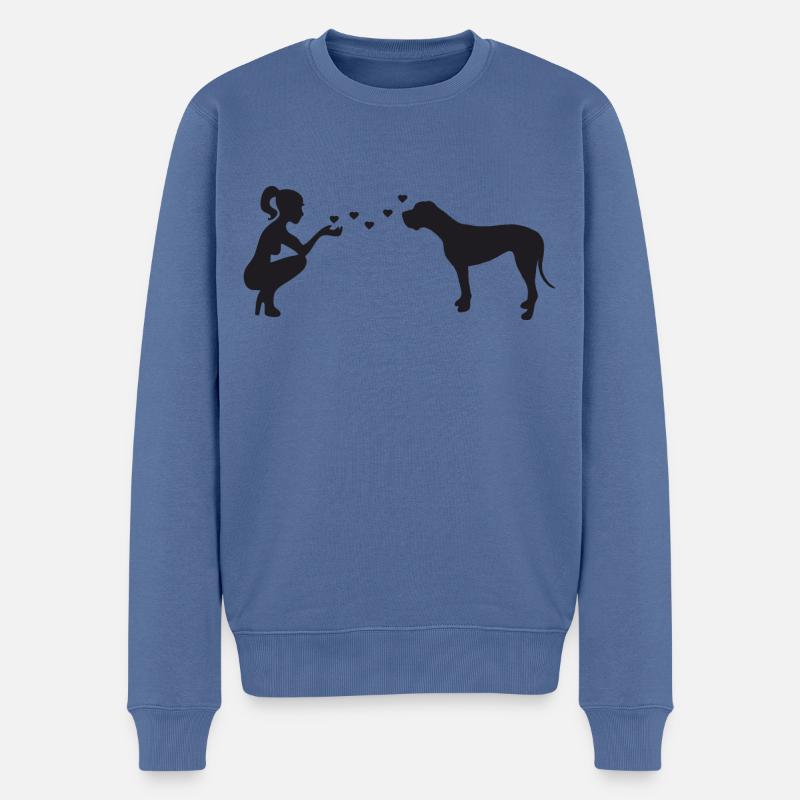 Deutsche Dogge mit Frau - Männer Premium Bio Pullover - Taubenblau