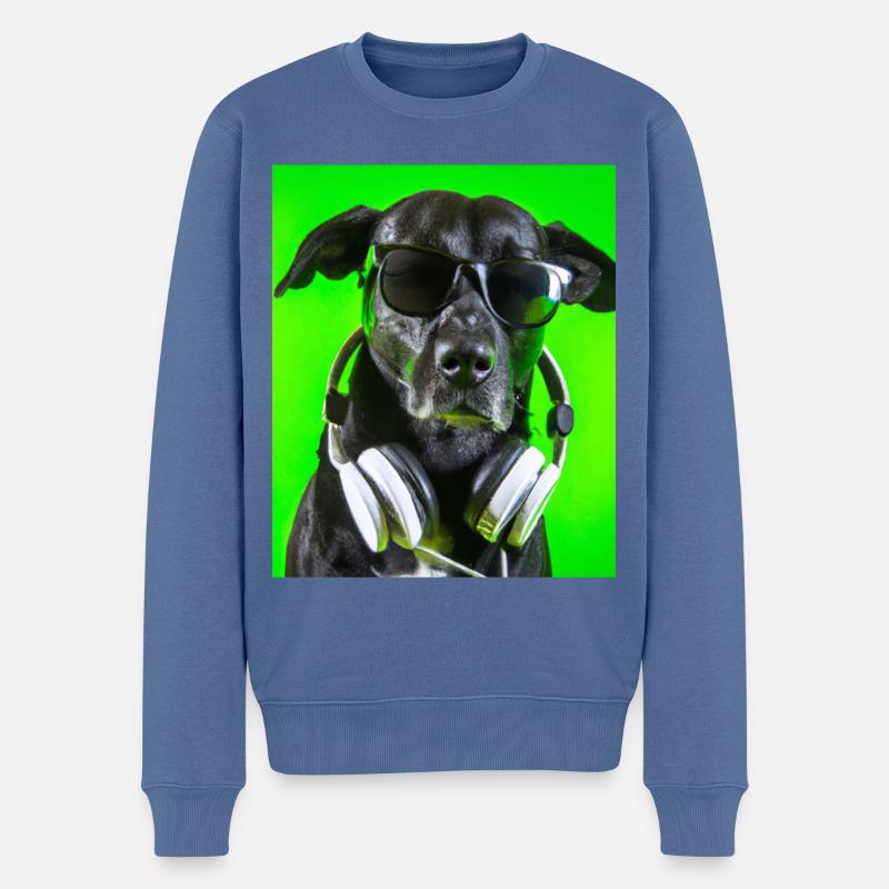 Hund mit Kopfhörern und grüner Hintergrund - Männer Premium Bio Pullover - Taubenblau