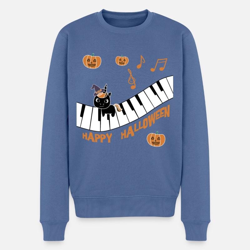 Schwarzes Einhorn wünscht Happy Halloween - Männer Premium Bio Pullover - Taubenblau