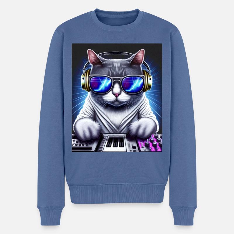 Cat DJ mit Kopfhörern und Brille auf Synthetizer - Männer Premium Bio Pullover - Taubenblau